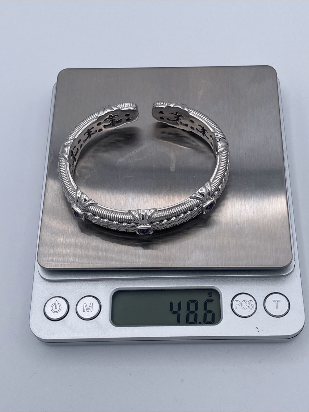 Judith Ripka 925 Sterling Silver Amethyst Cuff Bracelet Thailand Heavy 48.6g - Picture 6 of 11